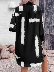 SHEIN LUNE Brush Print Button Front Shirt & Shorts - Black - View 2