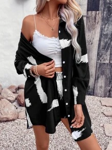SHEIN LUNE Brush Print Button Front Shirt & Shorts - Black - View 4