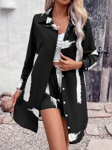 SHEIN LUNE Brush Print Button Front Shirt & Shorts - Black - View 5