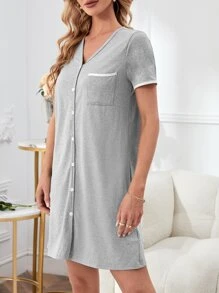 撞色滾邊前紐扣睡裙 - 淺灰色 - 查看 3