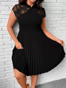 SHEIN Clasi Plus Contrast Lace Pleated Hem Dress - Black - View 4