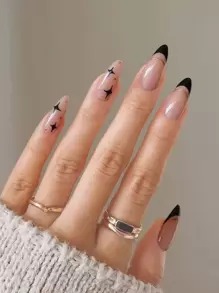 24入組長型杏仁形黑色法式金邊星星圖案美甲假指甲，包含1pc美甲檔和1片膠帶，簡易貼上美甲工具