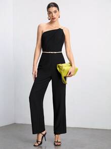 Maija One Shoulder Solid Jumpsuit Without Belt - Black - View 8