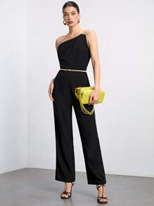 Maija One Shoulder Solid Jumpsuit Without Belt - Black - View 1