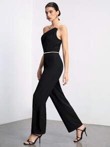 Maija One Shoulder Solid Jumpsuit Without Belt - Black - View 7