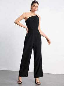 Maija One Shoulder Solid Jumpsuit Without Belt - Black - View 9