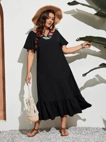 SHEIN Holidaya Đầm Plus Size Viên lá sen Hoa Boho - màu đen - Xem 1