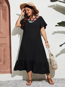 SHEIN Holidaya Đầm Plus Size Viên lá sen Hoa Boho - màu đen - Xem 3