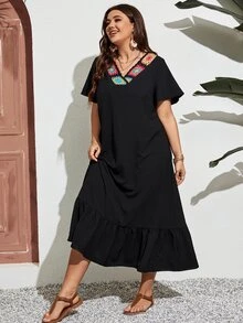 SHEIN Holidaya Đầm Plus Size Viên lá sen Hoa Boho - màu đen - Xem 4