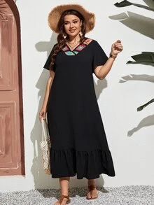 SHEIN Holidaya Đầm Plus Size Viên lá sen Hoa Boho - màu đen - Xem 5