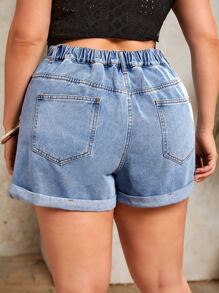 SHEIN Essnce Plus High Waist Roll Up Hem Denim Shorts - Light Wash - View 2