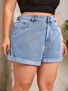 SHEIN Essnce Plus High Waist Roll Up Hem Denim Shorts - Light Wash - View 4