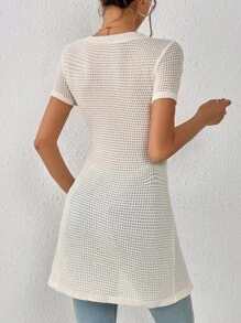 Chiquease Áo thun nữ Bất đối xứng Nút màu trơn Giải trí - Màu be - Xem 3