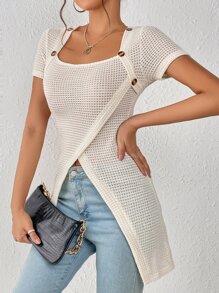 Chiquease Áo thun nữ Bất đối xứng Nút màu trơn Giải trí - Màu be - Xem 5