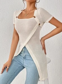 Chiquease Áo thun nữ Bất đối xứng Nút màu trơn Giải trí - Màu be - Xem 6