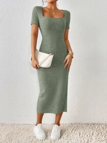 SHEIN Frenchy Vestido de verano de mujer con escote cuadrado, ajuste ceñido, abertura alta en el escote, textura de tela - Verde - Ver 3
