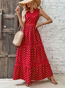 SHEIN VCAY Vestido con estampado de lunares dorados con encaje bajo con fruncido - Rojo - Ver 1