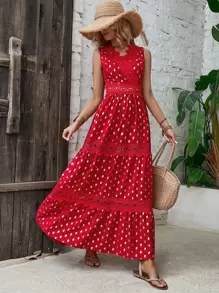 SHEIN VCAY Vestido con estampado de lunares dorados con encaje bajo con fruncido - Rojo - Ver 4