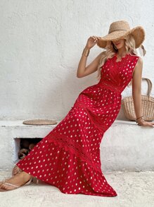 SHEIN VCAY Vestido con estampado de lunares dorados con encaje bajo con fruncido - Rojo - Ver 6