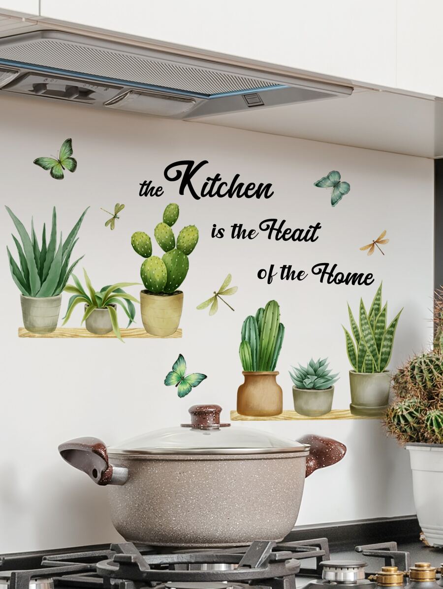1入組仙人掌和字母圖形防水廚房貼紙廚房用現代PVC牆面翻新貼紙