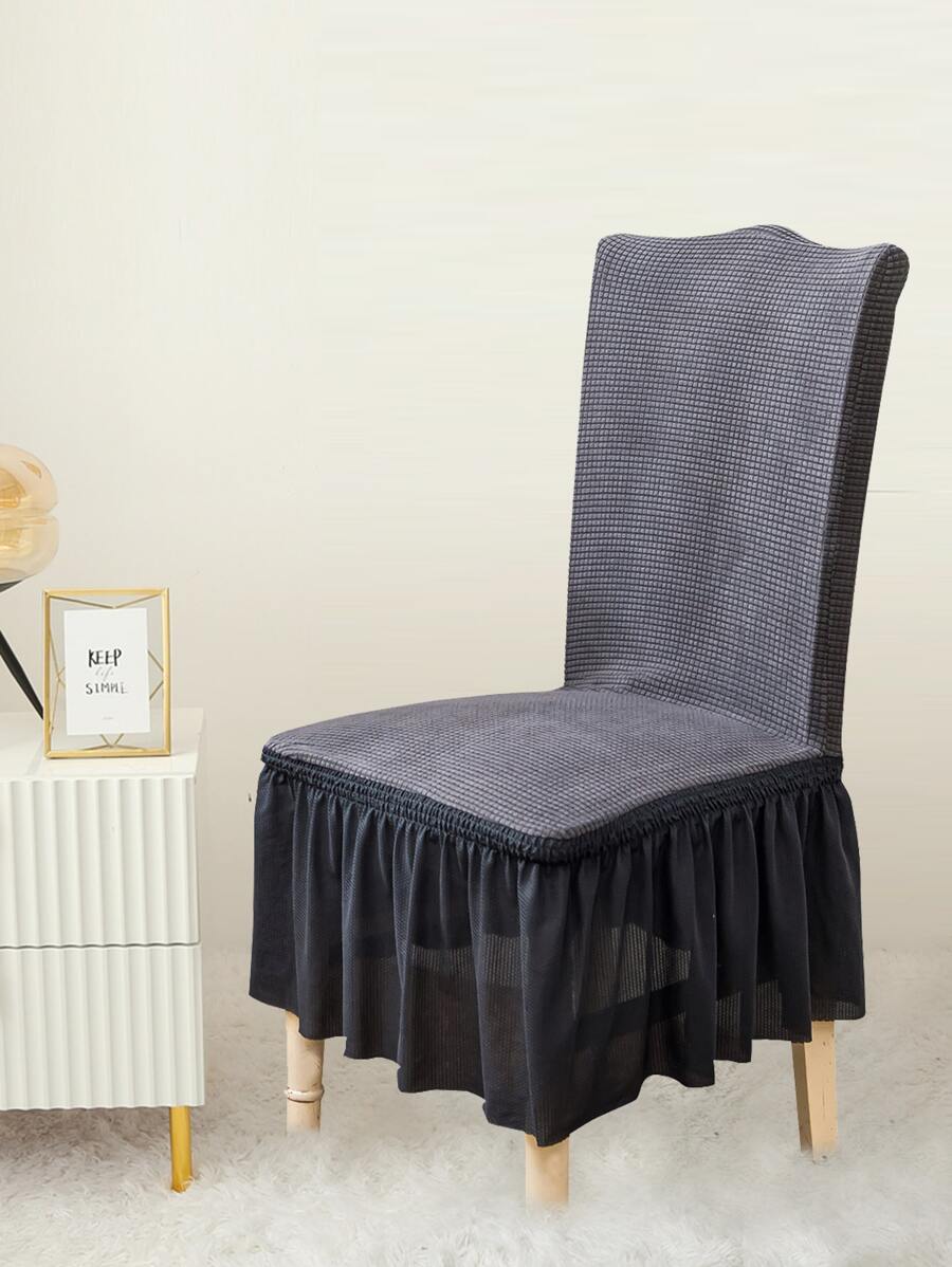 1pc Grey Dining Chair Slipcover, Minimalist Polyester Ruffle Trim Dining Room Chair Slipcover For Home - Grey - View 1