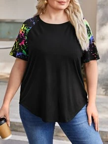 SHEIN LUNE Plus Splash Ink Print Raglan Sleeve Curved Hem Tee - Black - View 3