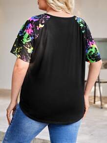 SHEIN LUNE Plus Splash Ink Print Raglan Sleeve Curved Hem Tee - Black - View 2