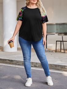 SHEIN LUNE Plus Splash Ink Print Raglan Sleeve Curved Hem Tee - Black - View 4