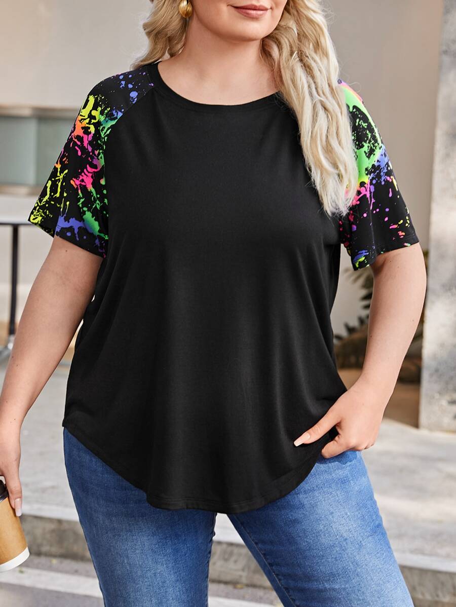 SHEIN LUNE Plus Splash Ink Print Raglan Sleeve Curved Hem Tee - Black - View 1