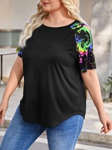 SHEIN LUNE Plus Splash Ink Print Raglan Sleeve Curved Hem Tee - Black - View 5