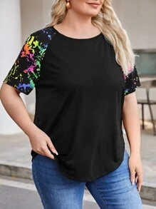 SHEIN LUNE Plus Splash Ink Print Raglan Sleeve Curved Hem Tee - Black - View 6