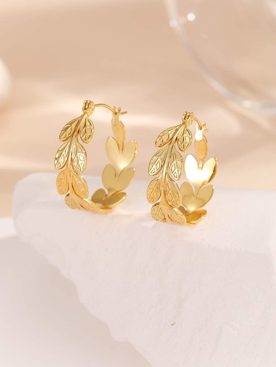 1 Pair Gold & Silver Leaf Decor Hoop Earrings - Yellow Gold - View 1