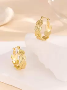 1 Pair Gold & Silver Leaf Decor Hoop Earrings - Yellow Gold - View 2