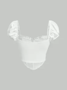 SHEIN MOD Puff Sleeve Sweetheart Neck Ruched Bustier Corset Structure Tee