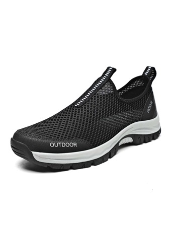 Men Patch Decor Slip-On Sneakers, Sporty Black Fabric Hiking Shoes
