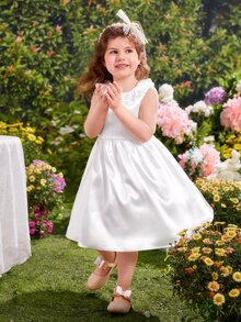 SHEIN Đầm bé gái Xù Dây kéo Nơ sau màu trơn Dễ thương - trắng - Xem 2