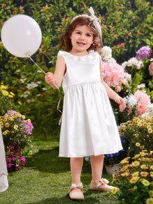 SHEIN Đầm bé gái Xù Dây kéo Nơ sau màu trơn Dễ thương - trắng - Xem 3
