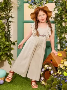 SHEIN Toddler Girls Floral Embroidery Ruffle Trim Jumpsuit - Khaki - View 1