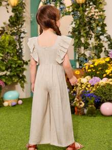 SHEIN Toddler Girls Floral Embroidery Ruffle Trim Jumpsuit - Khaki - View 2