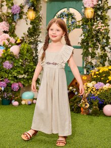 SHEIN Toddler Girls Floral Embroidery Ruffle Trim Jumpsuit - Khaki - View 4