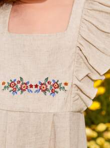 SHEIN Toddler Girls Floral Embroidery Ruffle Trim Jumpsuit - Khaki - View 5