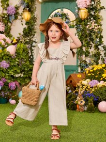 SHEIN Toddler Girls Floral Embroidery Ruffle Trim Jumpsuit - Khaki - View 6