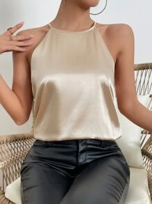 Chiquease Solid Keyhole Back Satin Blouse - Apricot - View 6