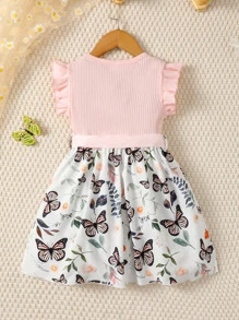 少女蝴蝶印花蝴蝶袖束腰裙