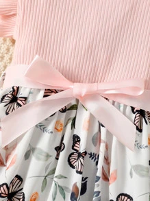 少女蝴蝶印花蝴蝶袖束腰裙