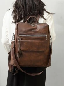 Tassel Decor Functional Backpack For Women, Rookies & White-Collar WorkersLarge Capacity,Classic,CasualFor Teen Girls Women College Students,TeacherCollege,Work ,Business,Commute,Outdoors, Travel, Outings,Shopping,Office,Teacher Gifts - Brown - View 1