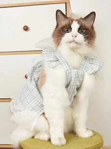 1pc Fairy Style Bowknot Lace Trim Cat/Dog Suspender Dress, Suitable For Pets In Spring/Summer - Green - View 3