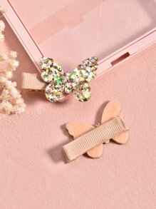 2pcs Toddler Girls Butterfly Decor Hair Clip - Gold - View 2