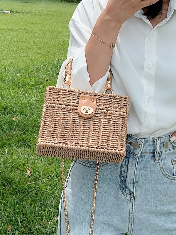 Mini Twist Lock Straw Bag,Perfect For Summer Beach Travel Vacation