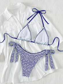 SHEIN Swim Bộ bikini tam giác dây in hình bãi biển mùa hè - Xanh và trắng - Xem 2
